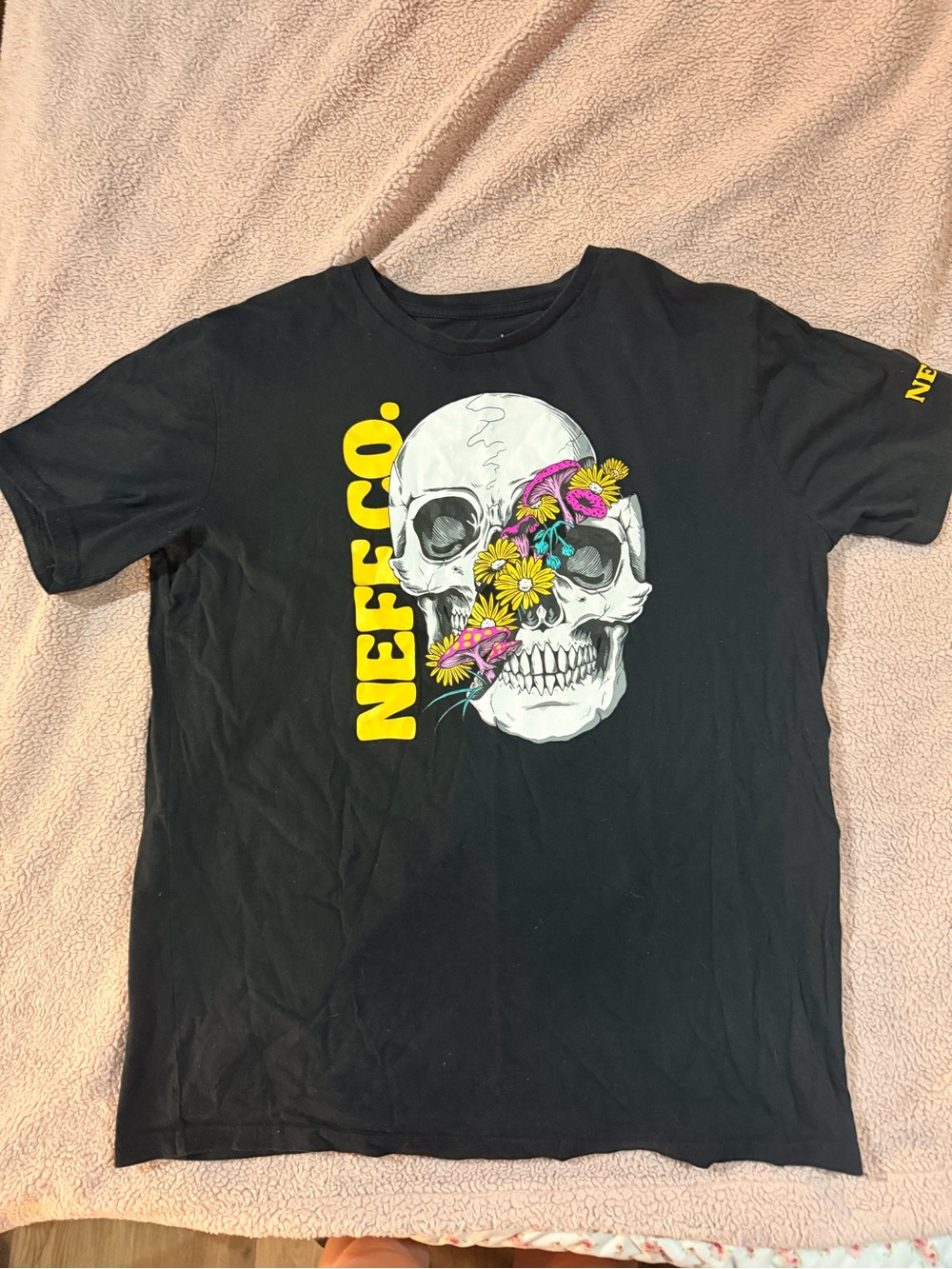 Neff Black Tee with Floral Skull and Yellow Logo